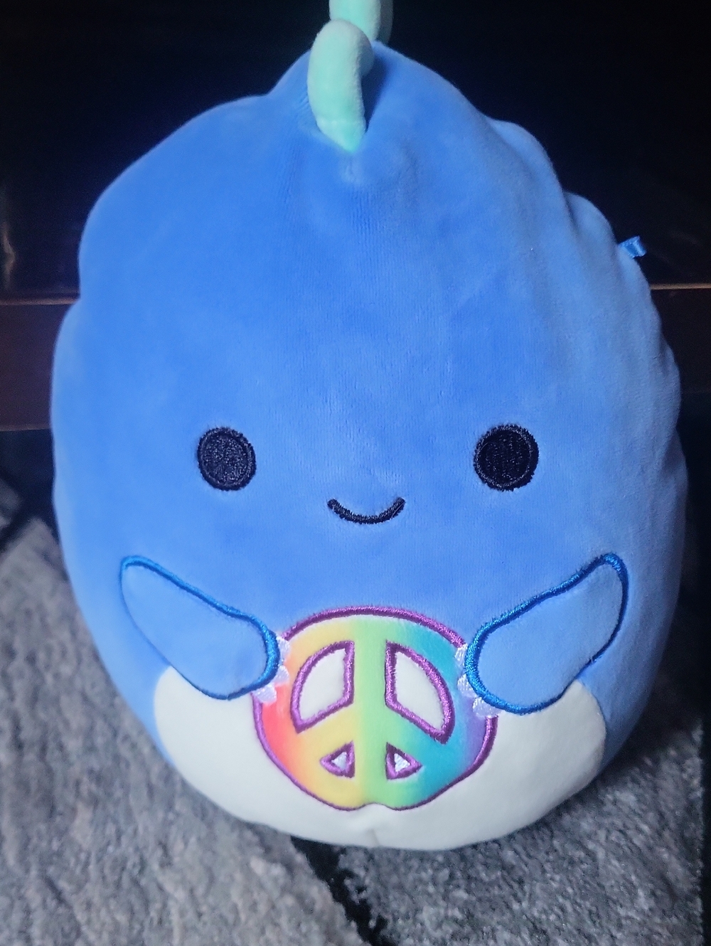 Blue Squishmallow Plush Kids Narwhal Toy with Rainbow Peace Sign